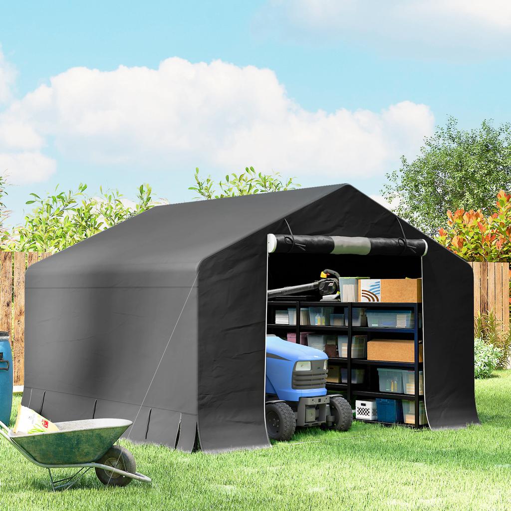 Portable garden shed. Bicycle tent. Roll-up door with zipper. Metal frame. Versatile storage. Dark gray