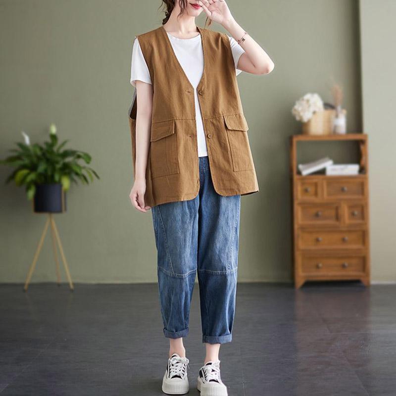 Женский жилет Хлопковые топы без рукавов Однотонный Оверсайз Повседневный V-образный вырез Жилет Куртка
