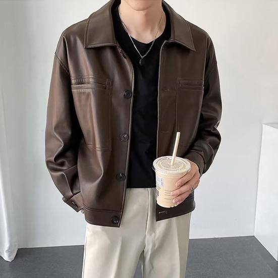 Мужская куртка с лацканами, длинными рукавами, карманами-клапанами, однобортная куртка, пальто, однотонная, свободная, водонепроницаемая, теплая, из искусственной кожи