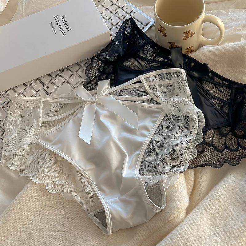 Pure Desire Wind Сексуальное кружевное нижнее белье с бантом и крестиком Женские трусы из чистого хлопка с промежностью и средней талией Дышащие треугольные трусики