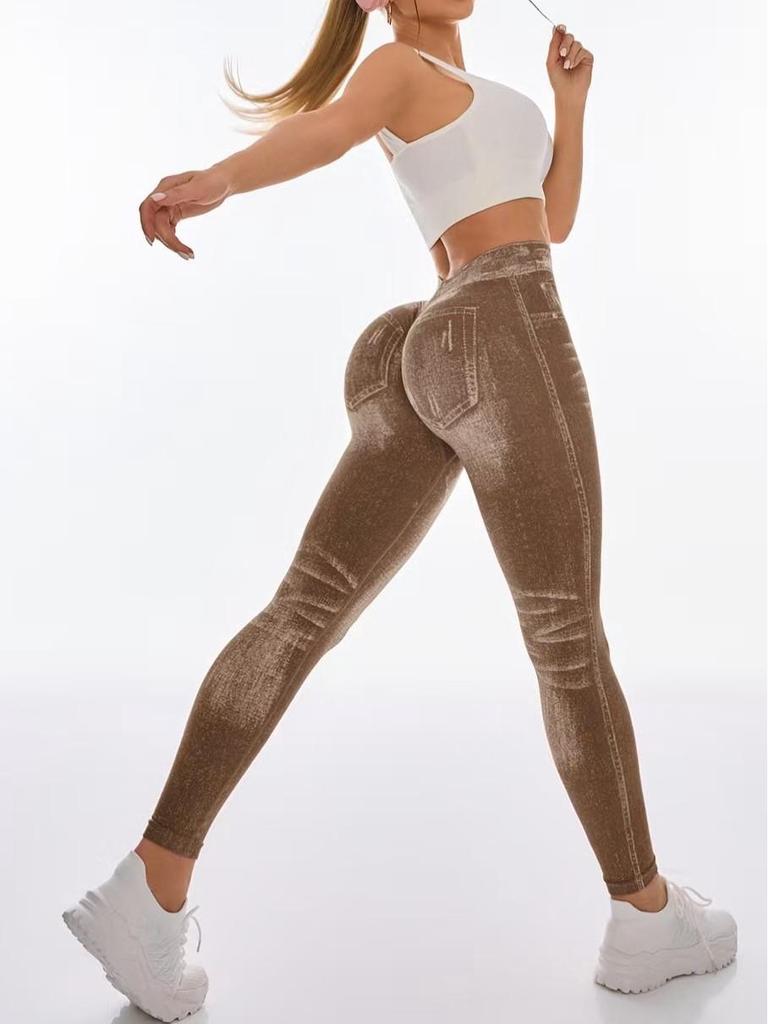 Бесшовные леггинсы для йоги с высокой талией и эффектом пуш-ап для женщин - Быстросохнущие, стройнящие, облегающие, в стиле денима, для бега и фитнеса