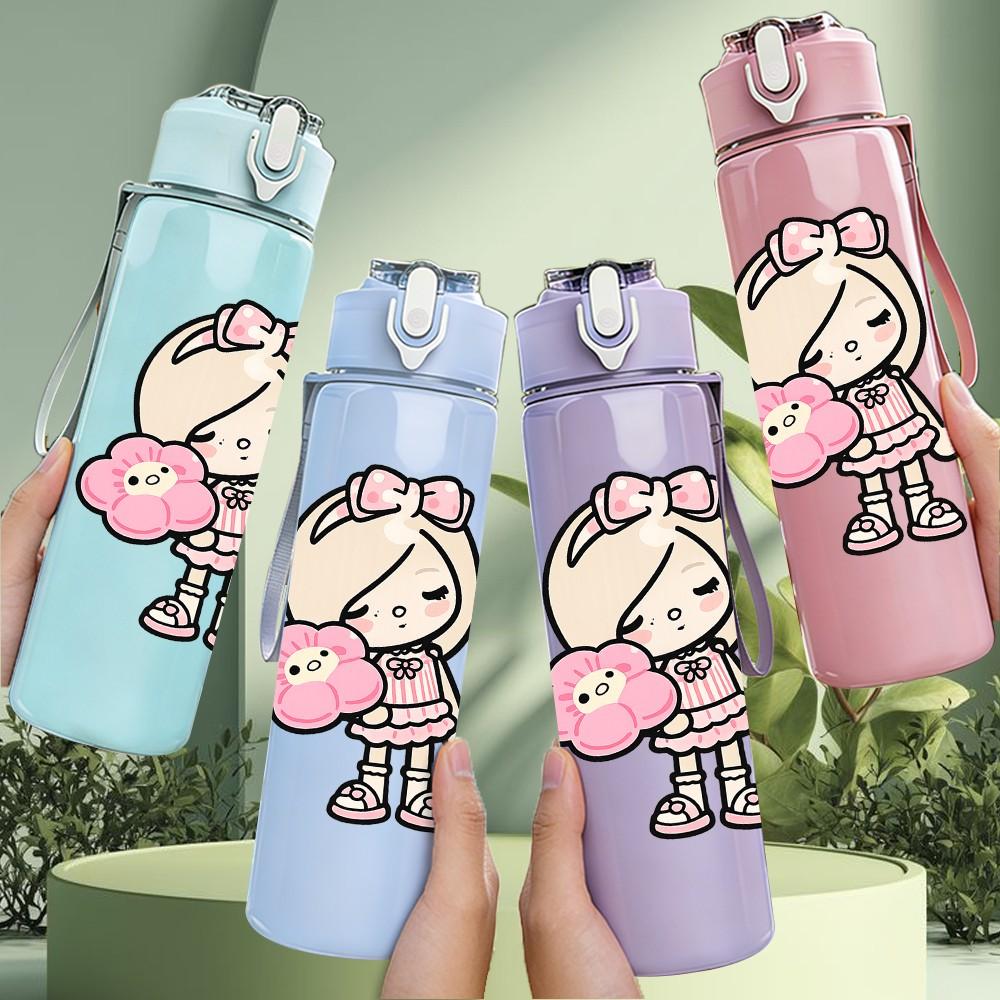 1PC Pink Dress Chibi Girl Doll 750ml Color Plastic Sports Water Bottle Leakproof Flip Straw Lid Suitable for Sports Office Home Use