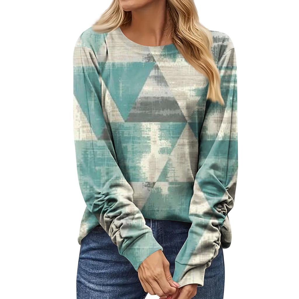 Women's Fashion Casual Long Sleeve Print Round Neck Pullover Top Blouse