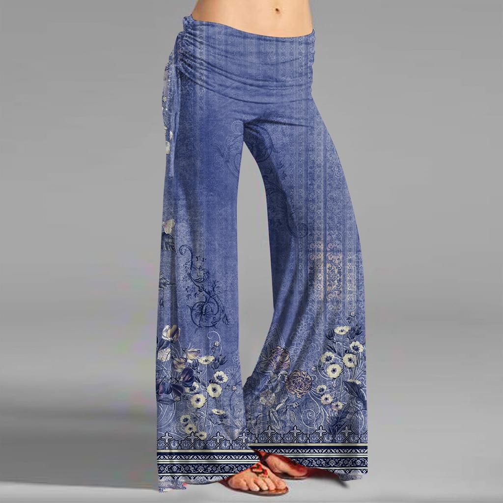Women's Fashion Vintage Print Casual Flared Drawstring Trousers Wide Leg Pants