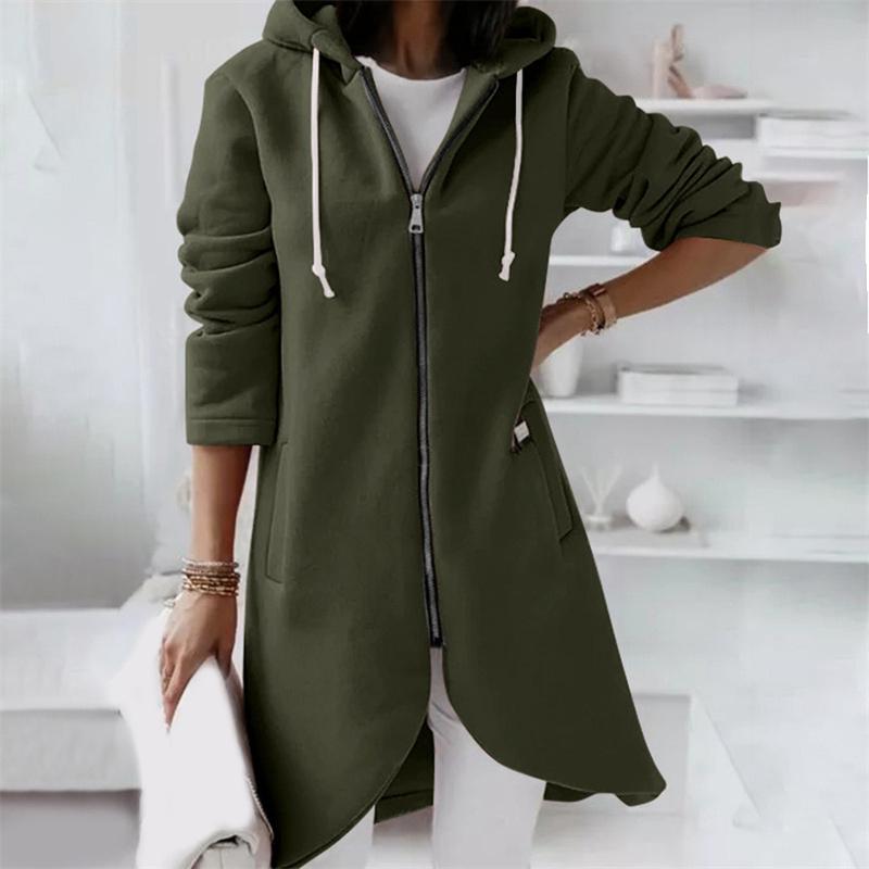 Autumn Winter Women's Solid Hooded Coat Mid Length Loose Zipper Female Windbreaker Jacket New Outdoor Cardigan Outwear