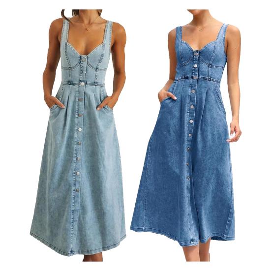 Джинсовое платье для женщин. Летнее повседневное платье миди без рукавов с карманами, застегивающееся на пуговицы, А-силуэт, свободное джинсовое платье.