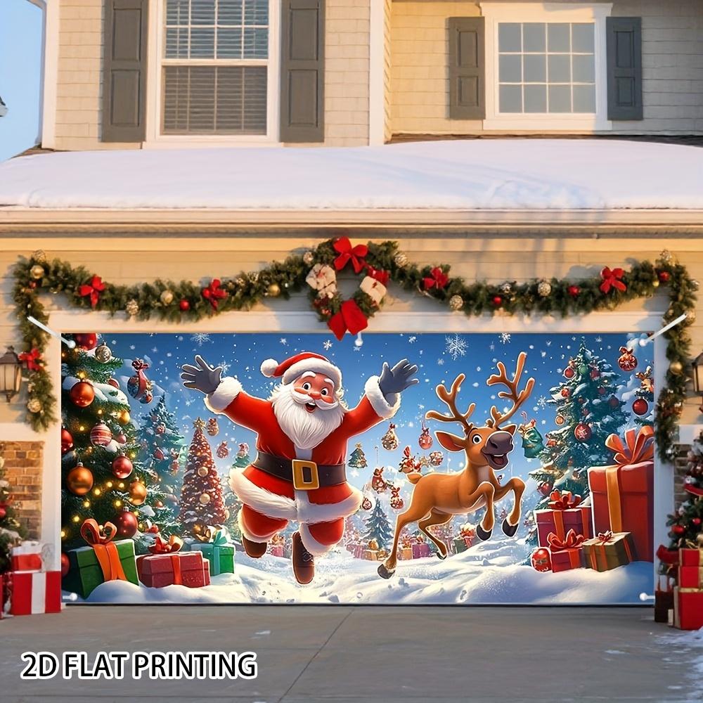 2D Door Banner, 1 large Santa Claus and Reindeer fabric garage door banner suitable for autumn parties, Christmas decora