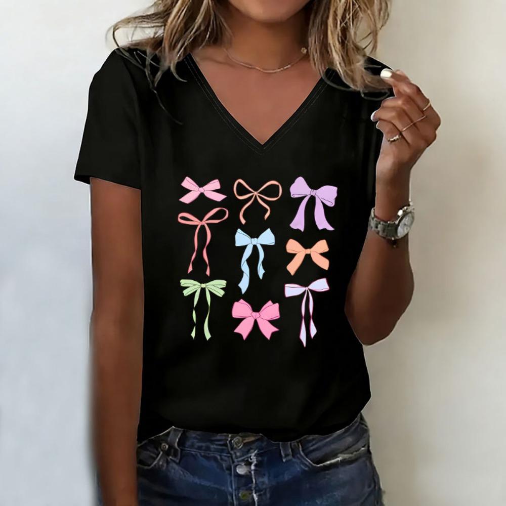 T-shirt V Neck Casual Fashion Y2k Colorful Bow Printed T Shirts Women Short Sleeve Tee Shirt V-Neck Summer Spring