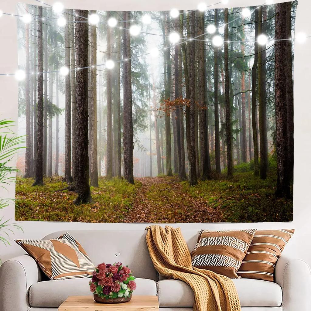 VIKAMA Misty Forest Tapestry Gradient Blue Pine Forest Nordic Minimalist Style Living Room Room Decoration