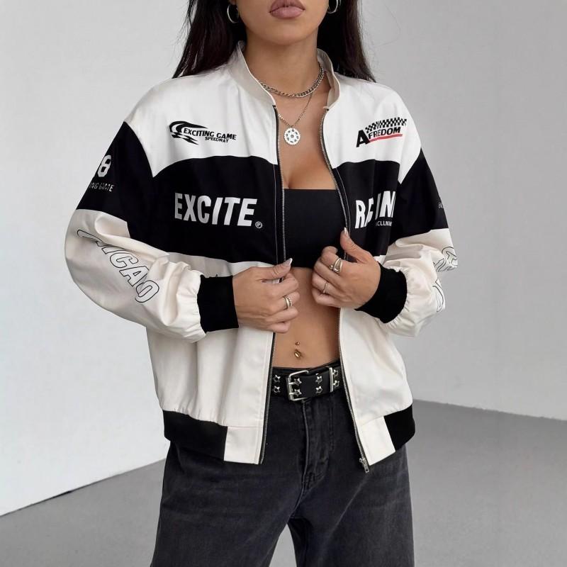 Womens Racing Jacket Casual All-match Letter Print Stand Collar Zip Up Everyday Outerwear