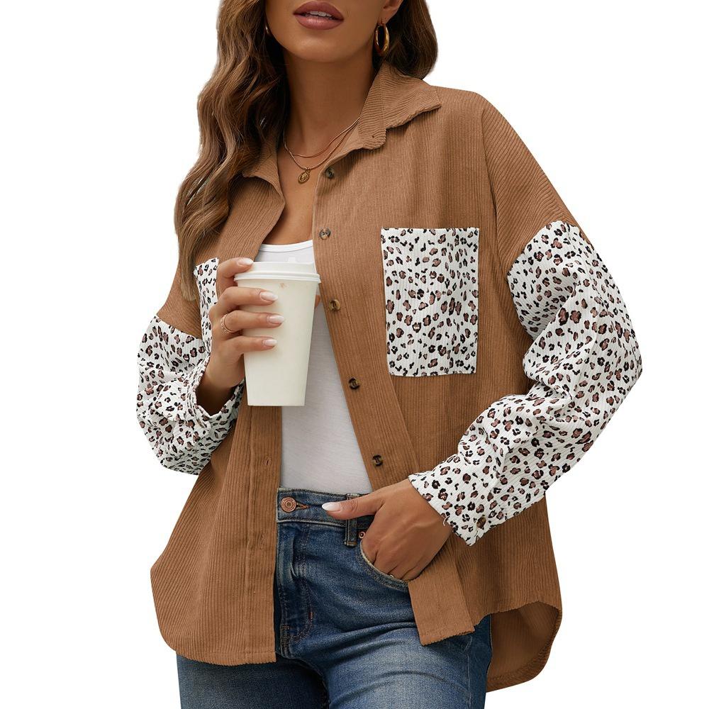 Winter Corduroy Coat Leopard Print Casual Lapel Buttoned Shirt Women Outerwear
