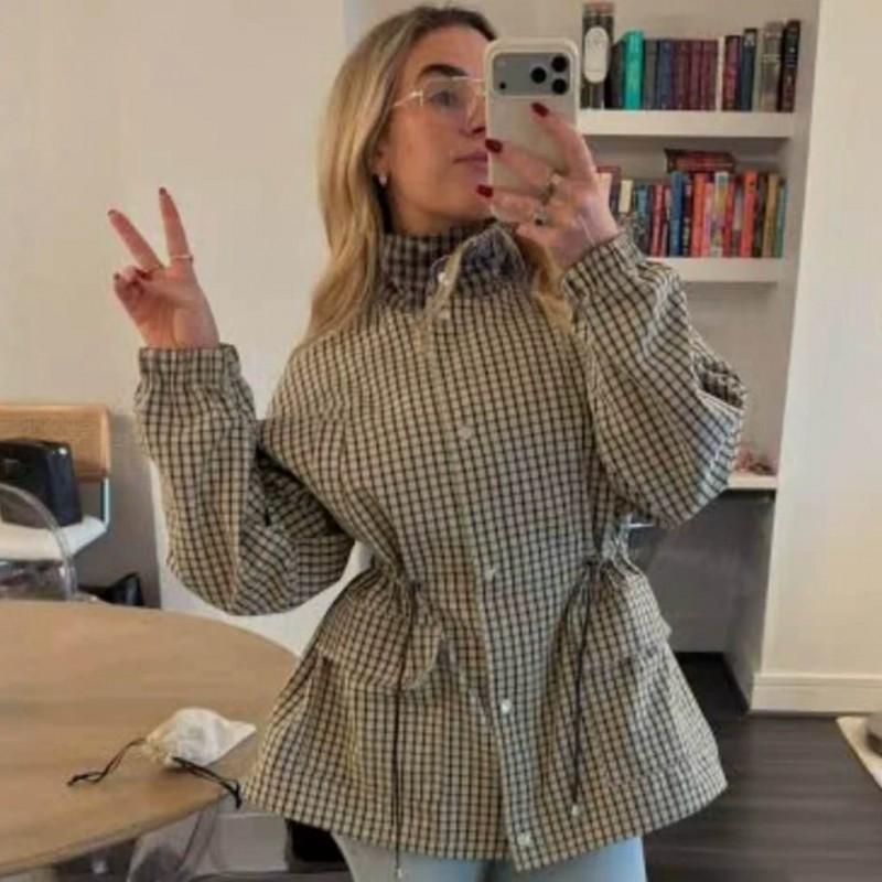Womens Plaid Jacket Long Sleeve Stand Collar Casual Slim Fit Outerwear Fashion Coat