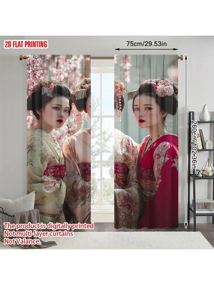 2 шт. Шторы с принтом самолета и оконные украшения с персонажами сакуры и гейши Полиэстер Тканые (без стержня) Праздничный стиль ар-деко