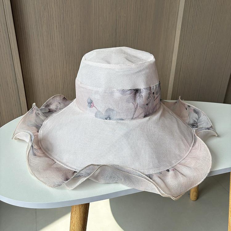 Printed double-layer wavy edge mesh yarn hat, fashionable and elegant vacation beach hat, large edge sun protection and sunshade cool hat