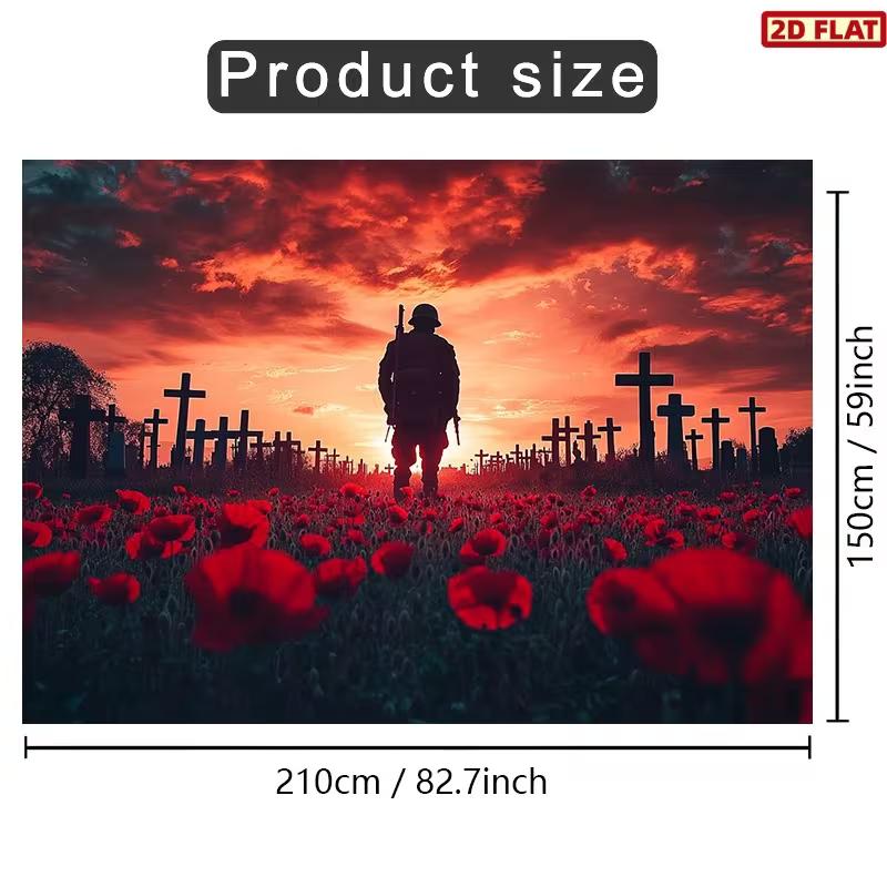 2D Remembrance Poppy Backdrop, Soldier Sunset Cross Cemetery Background for Memorial Day Decor