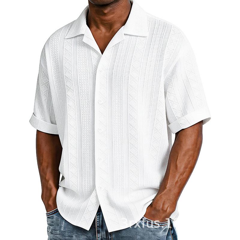 Men Cuban Collar Geometric Jacquard Full Button Short Sleeve Casual Shirt