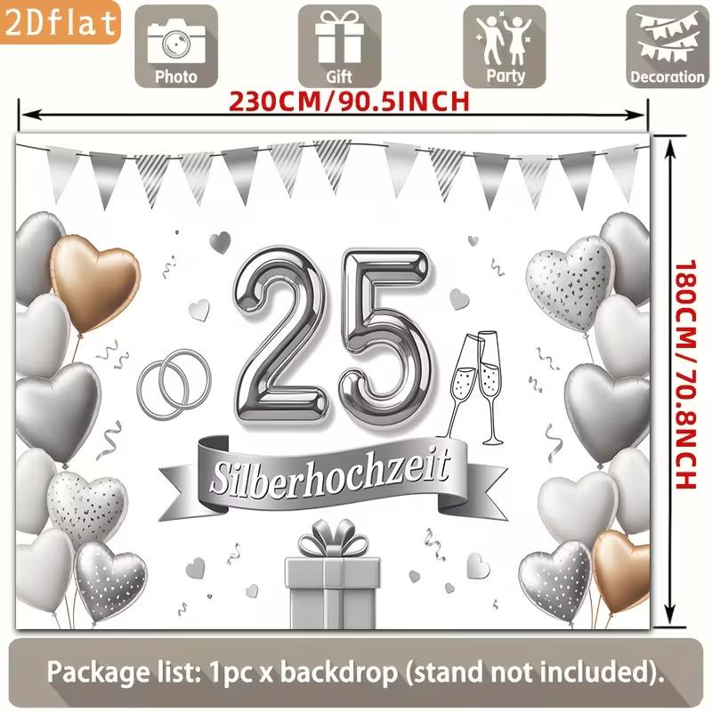 2D 25th Silver Wedding Backdrop, Silberhochzeit Themed Party Photography Background Banner