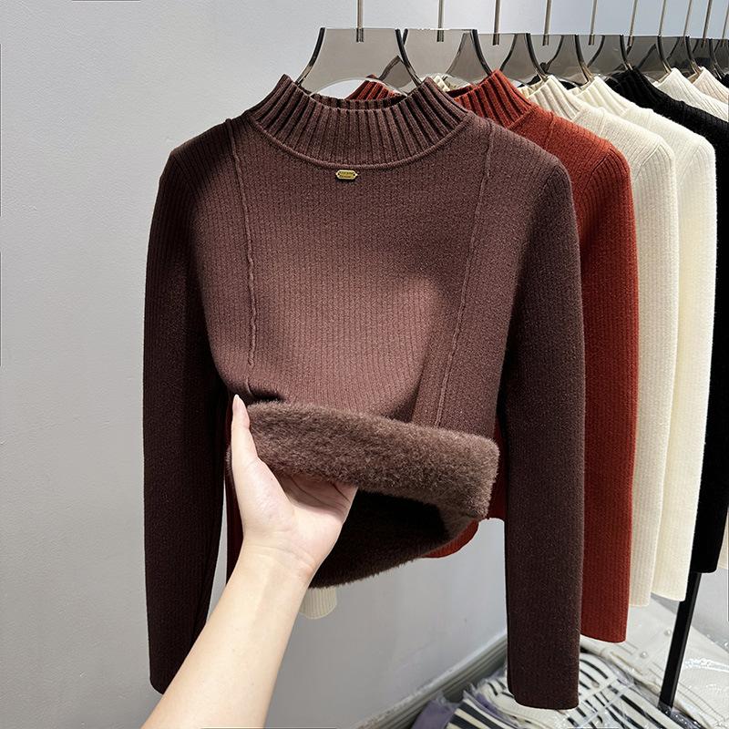 Integrated Fleece Fabric, Fleece Thickened Sweater Women's Semi-turtleneck Bottoming Shirt with New Autumn and Winter Knitted Sweater Inside