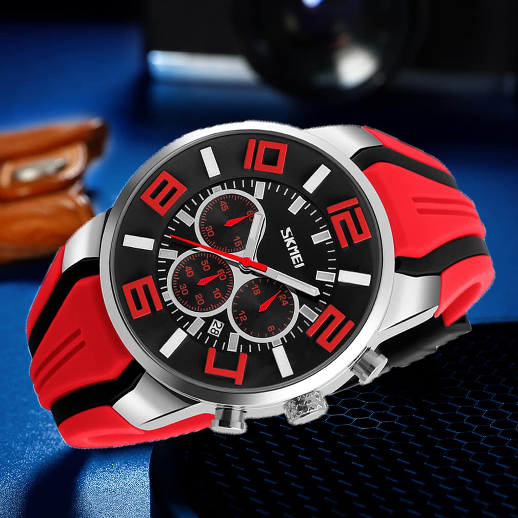 Silicone Fashionable Casual Sports Big Face Arm Watch Waterproof Chronograph Brand Analog Gentleman Watch Date Fluorescent Luxury Present Red Watch