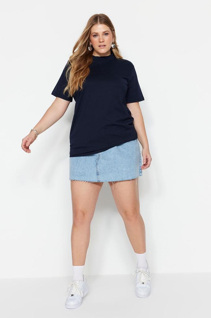 Women's Style Plus Size White Navy Blue Ribbed Collar Boyfriend Knitted T-shirt