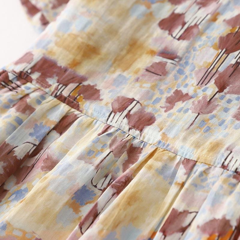 2025 весна и лето новый продукт круглый вырез короткий рукав с принтом хлопково-льняное платье женское зарубежный стиль мелкий цветочный миди и длинная юбка