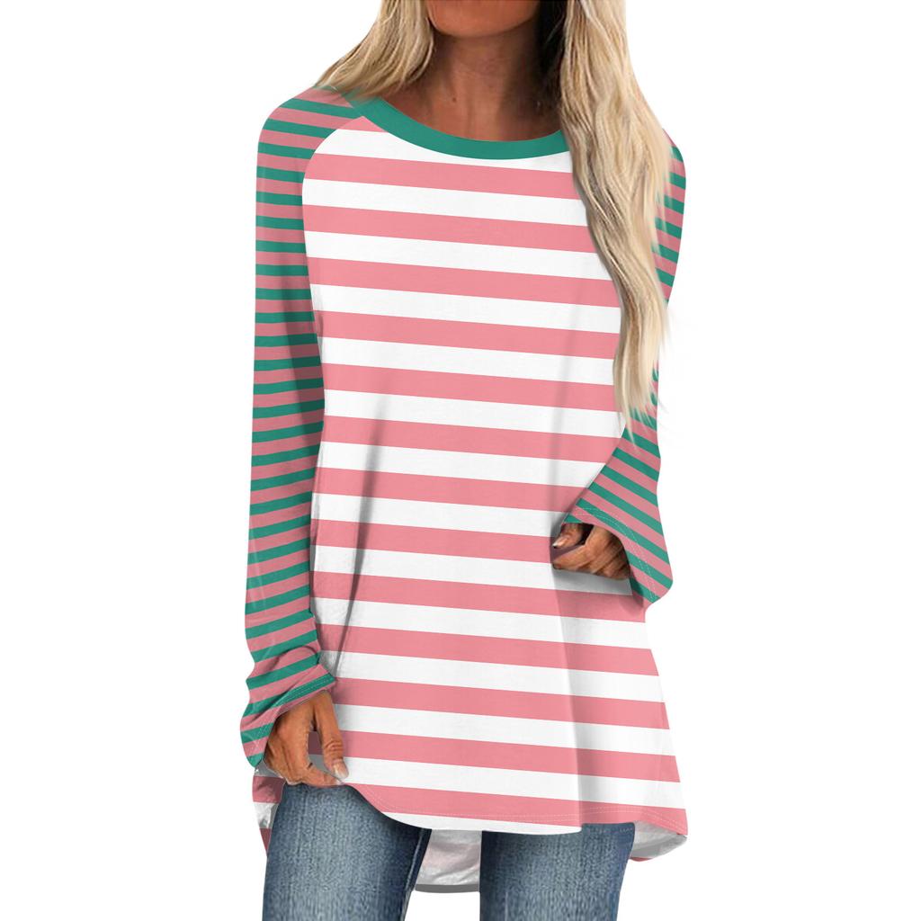 Женская мода повседневная спущенная линия плеча с длинным рукавом миди полосатый принт топ
