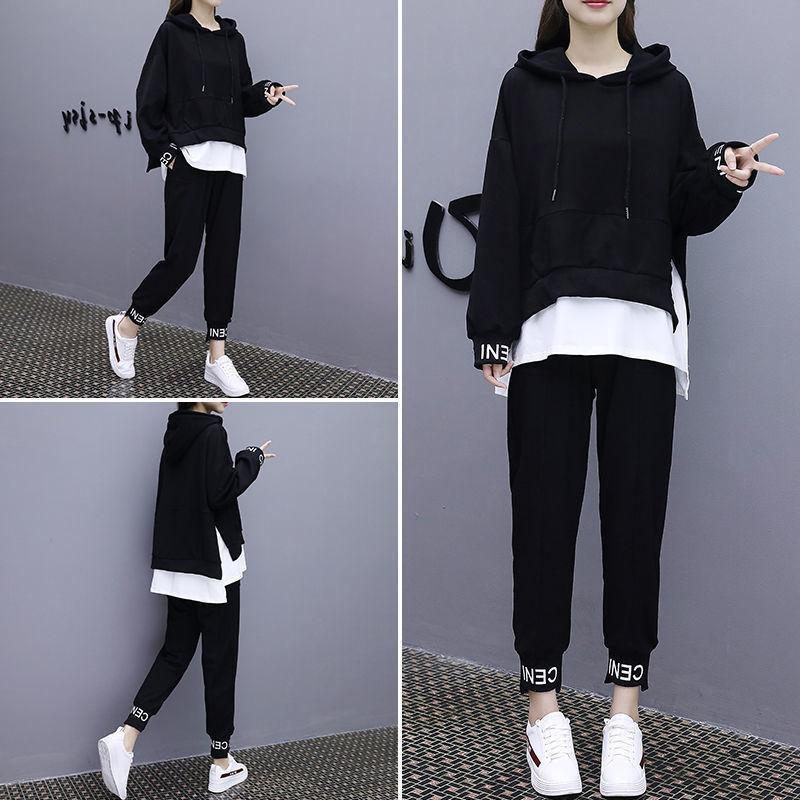 Женский весенний студенческий свитер больших размеров, женский свободный корейский повседневный костюм из двух предметов