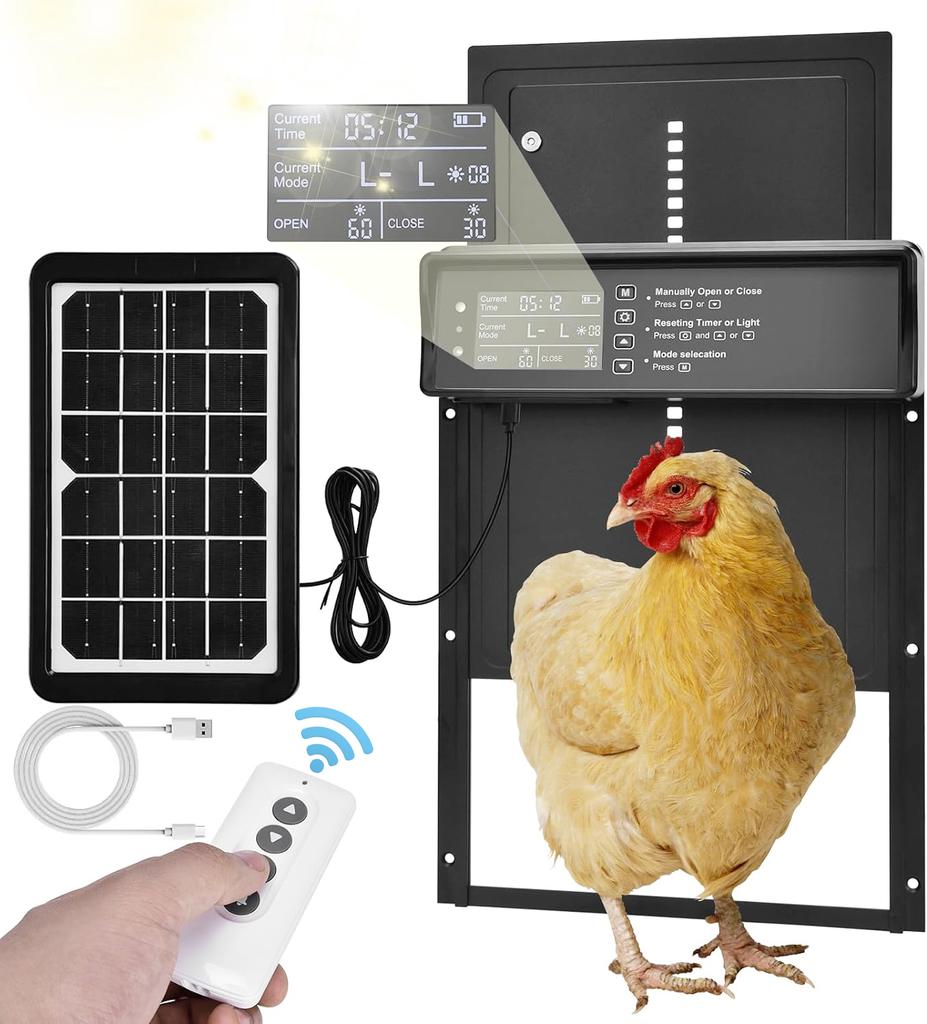 Solar Automatic Chicken Coop Door USB Charging with Timer Light Sensor 4 Modes for Poultry Farm Backyard Hen House