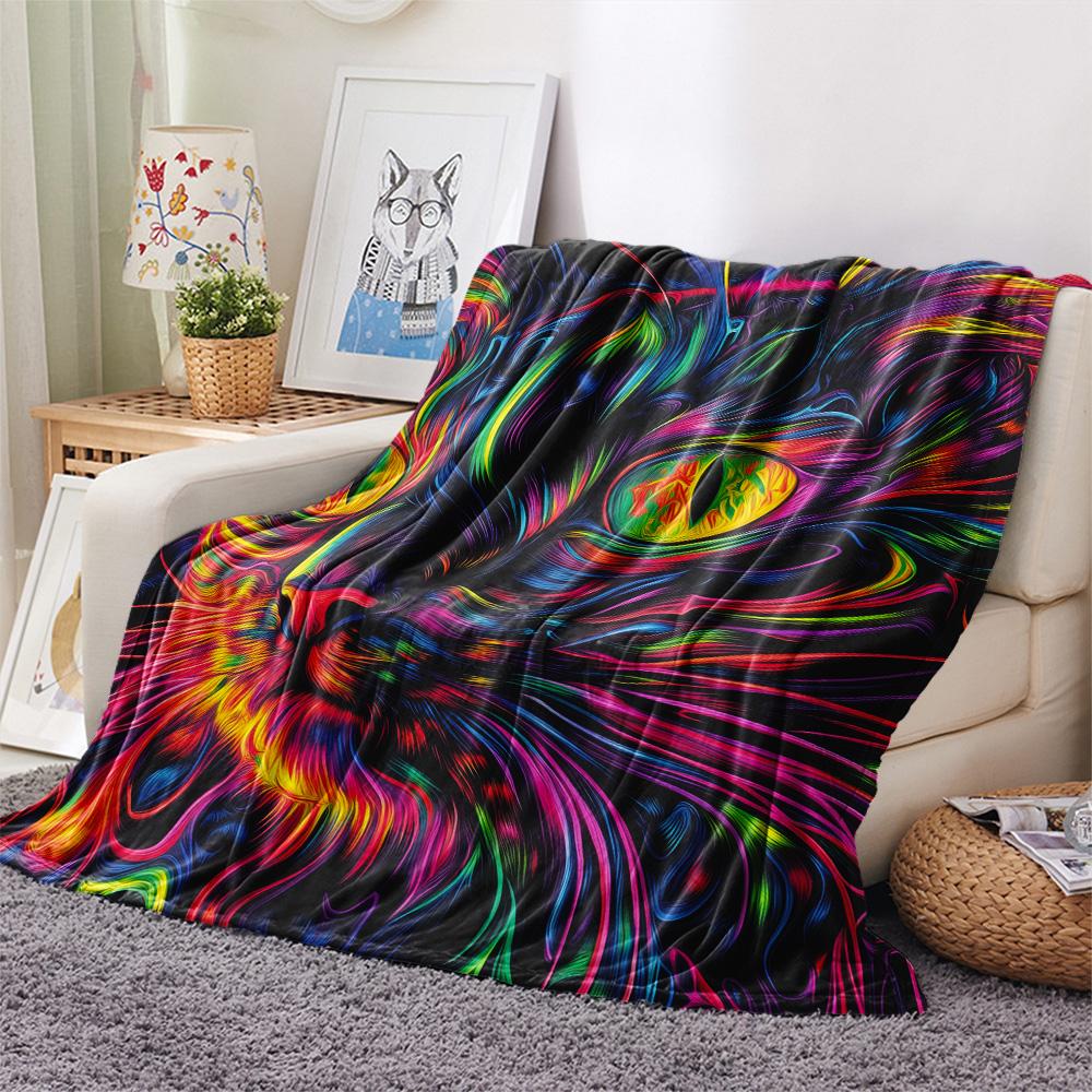 Neon Cats Print Flannel Blanket, High quality Comfortable for All Seasons, Home Decor, Warmth and Comfort