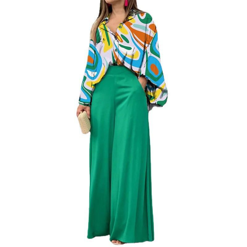 2024 Summer Women's Casual Printed Shirt & Wide-Leg Pants Set - Loose Fit, Large Size, European & American Style