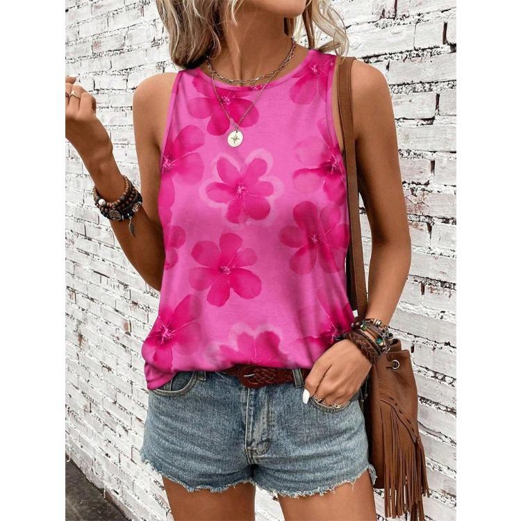 Flower Pattern 3D Print Women's Tank Tops Summer O-Neck Casual Vest Off Shoulder Sleeveless Top