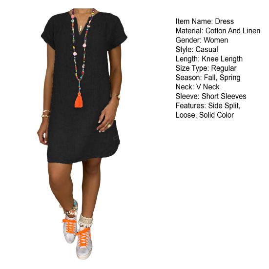 Летнее платье с V-образным вырезом и разрезом на подоле, свободное нерегулярное платье с короткими рукавами, сплошной цвет, пуловер длиной до колена, повседневная повседневная одежда, платье миди