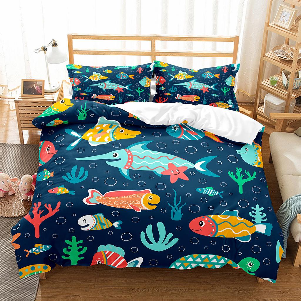 Fish Duvet Cover Set Koi Carp Pattern Polyester Comforter Cover King Queen Full Size for Kids Teens Bedding Set with Pillowcase
