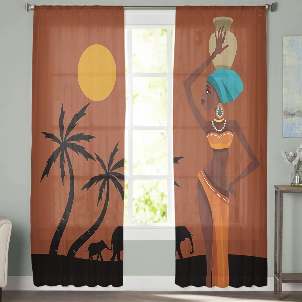 Africa Tribe Women Sunset Tulle Curtains Living Room Kitchen Chiffon Curtain Bedroom Balcony Sheer Curtain Fashion Home Decor