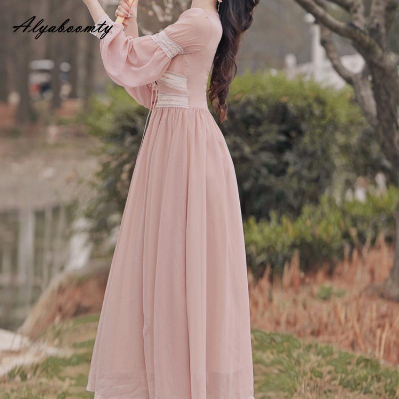 Весенне-осеннее женское сказочное розовое платье миди с v-образным вырезом, кружевное лоскутное платье с бантом и цветочным принтом, элегантное женское шифоновое платье трапециевидной формы