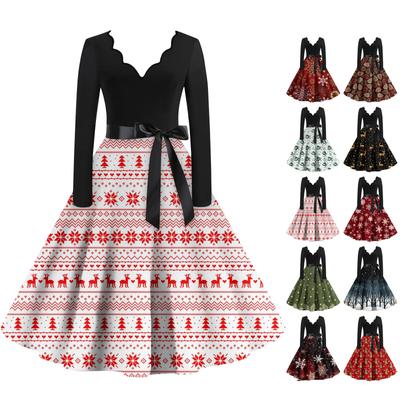 Женское повседневное модное платье с V-образным вырезом и длинными рукавами в стиле ретро с рождественским принтом