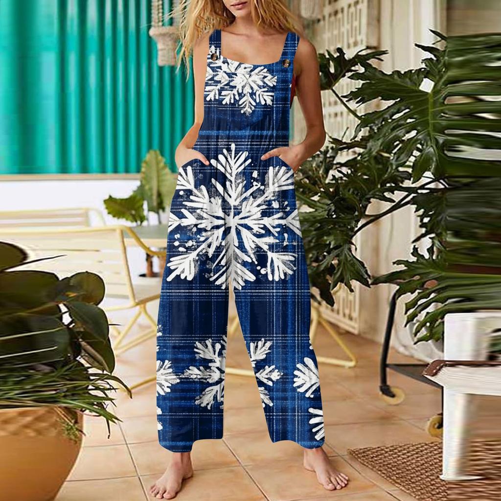 Женский модный повседневный винтажный комбинезон без рукавов с рождественским принтом на пуговицах