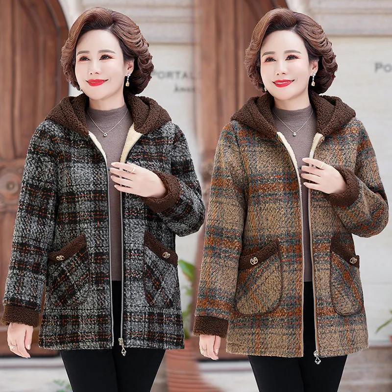 Пальто для женщины среднего возраста, зимние парки, твидовое шерстяное пальто, флисовая утолщенная куртка с хлопковой подкладкой, женская теплая верхняя одежда оверсайз