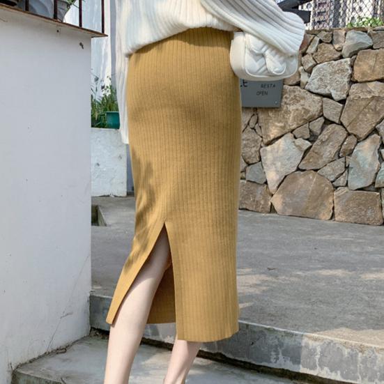 Women Knitting Skirt High Waist Back Slit Design Solid Color Midi Skirt Soft Breathable Thickened Warm Hip Wrapped Skirt