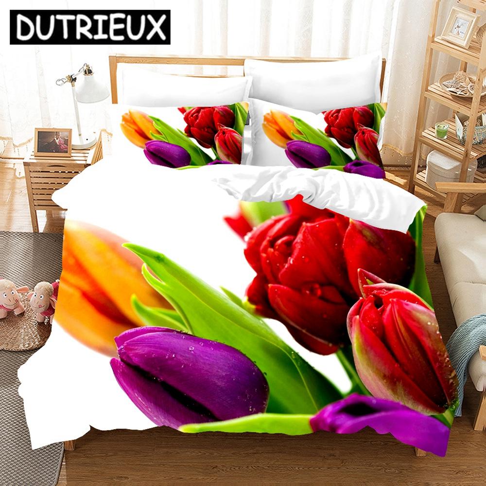Комплект постельного белья Pink Tulip, элегантный цветочный пейзаж, 3D пододеяльник, наволочки, постельное белье, двуспальная кровать, двуспальная кровать, односпальная кровать, комплект постельного белья