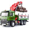 1/24 Scale Wooden Toy Truck Metal Cab, Friction Driven Wooden Truck, Equipped with A Full Function Loading Crane and 3 Loadable Logs, Light and Sound,