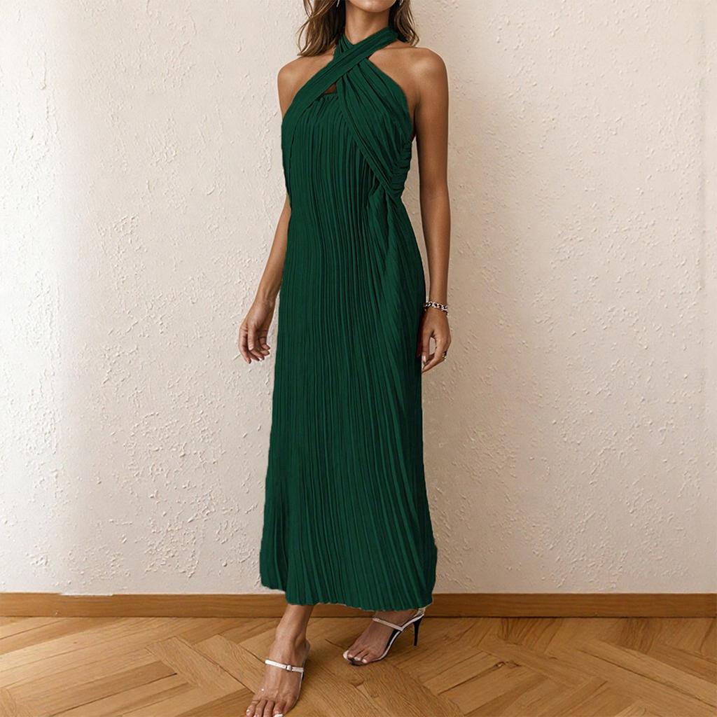 Women's Fashionable Sexy Solid Color Hanging Neck Backless Vacation Sleeveless Pleated Dress