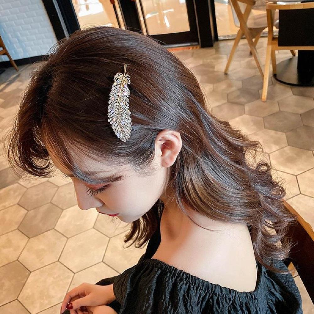 Rhinestone Large Girls Elegant Hair Side Clip Women Barrette Feather Hair Clips Crystal Hairpins