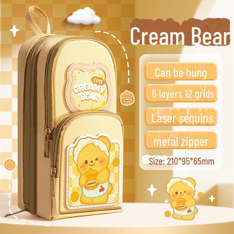 Пенал для детей с рисунком «Кремовый медведь» — большая вместимость, устойчивость к грязи, милый и креативный дизайн для учеников начальной школы