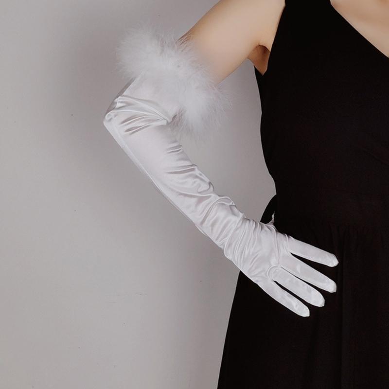 Fluffy Cuff Long Sleeve Gloves Banquet Dress Gloves Solid Color Warm Polyester Elastic Autumn Winter Driving Glove