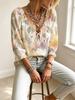 Women's V-neck Ruffle Tie Front 3/4 Sleeve Watercolor Leaf Floral Print Blouse, Top for Daily and Beach Holiday