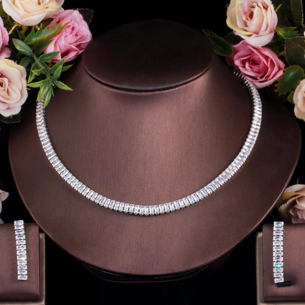 CMM Sparkling Baguette Cubic Zirconia White Gold Color Choker Necklace Earrings Set