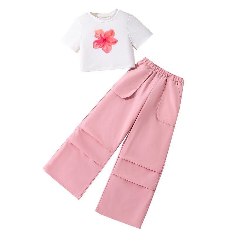 Костюм для девочки 8-12 лет, детская одежда, летние новые повседневные рабочие брюки с большими карманами + топ с короткими рукавами, комплект из 2 предметов, брюки для девочек