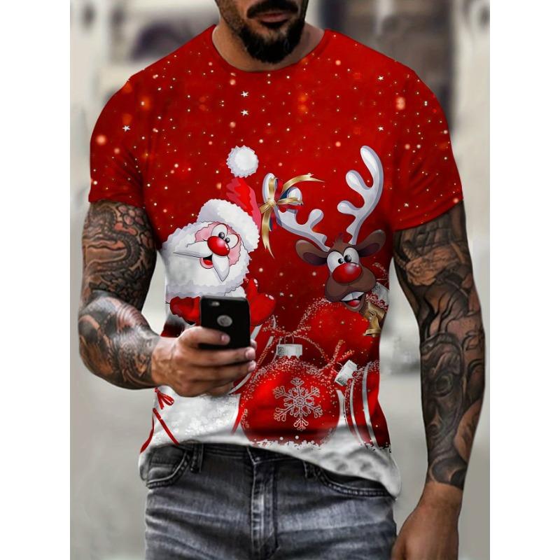 Christmas Elk 3D Print Men's T Shirt Casual O-neck Short Sleeve Tops Funny Santa Claus Pattern Oversized T-shirts X'mas Clothing