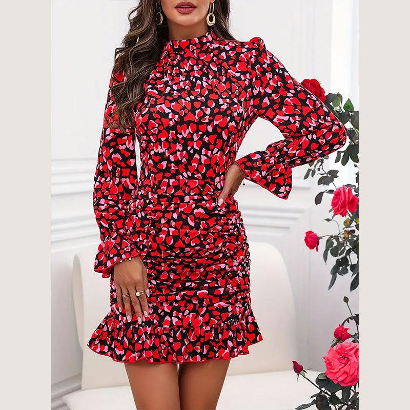 Women Summer Floral Sleeve Dress Casual Party Wear Slim Stand Collar Ruffled Edge Wrap Hip Skirt